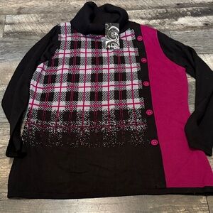 Plaid Black and Pink Sweater with Button Detail
